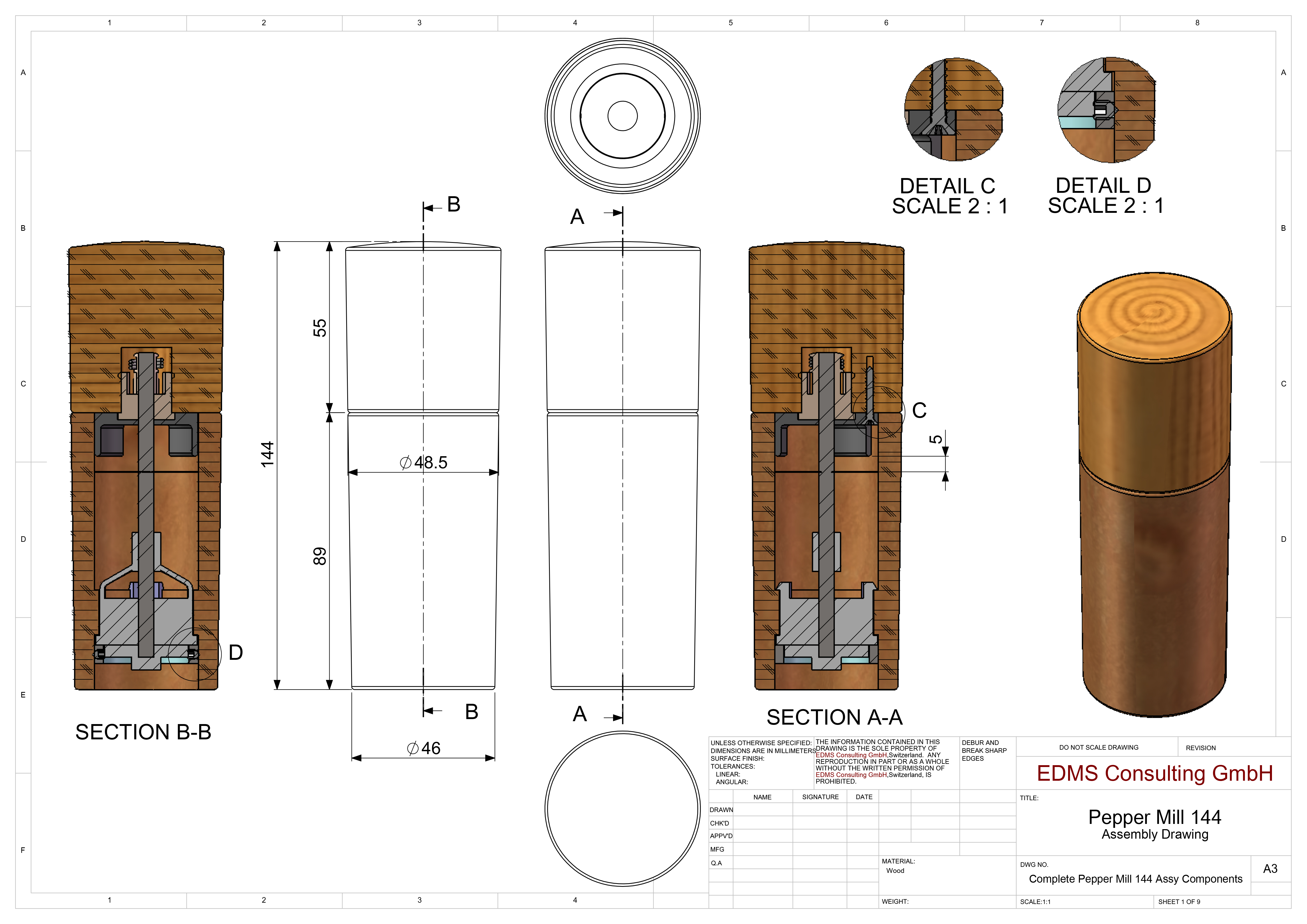 Complete Pepper Mill 144 Assy Components