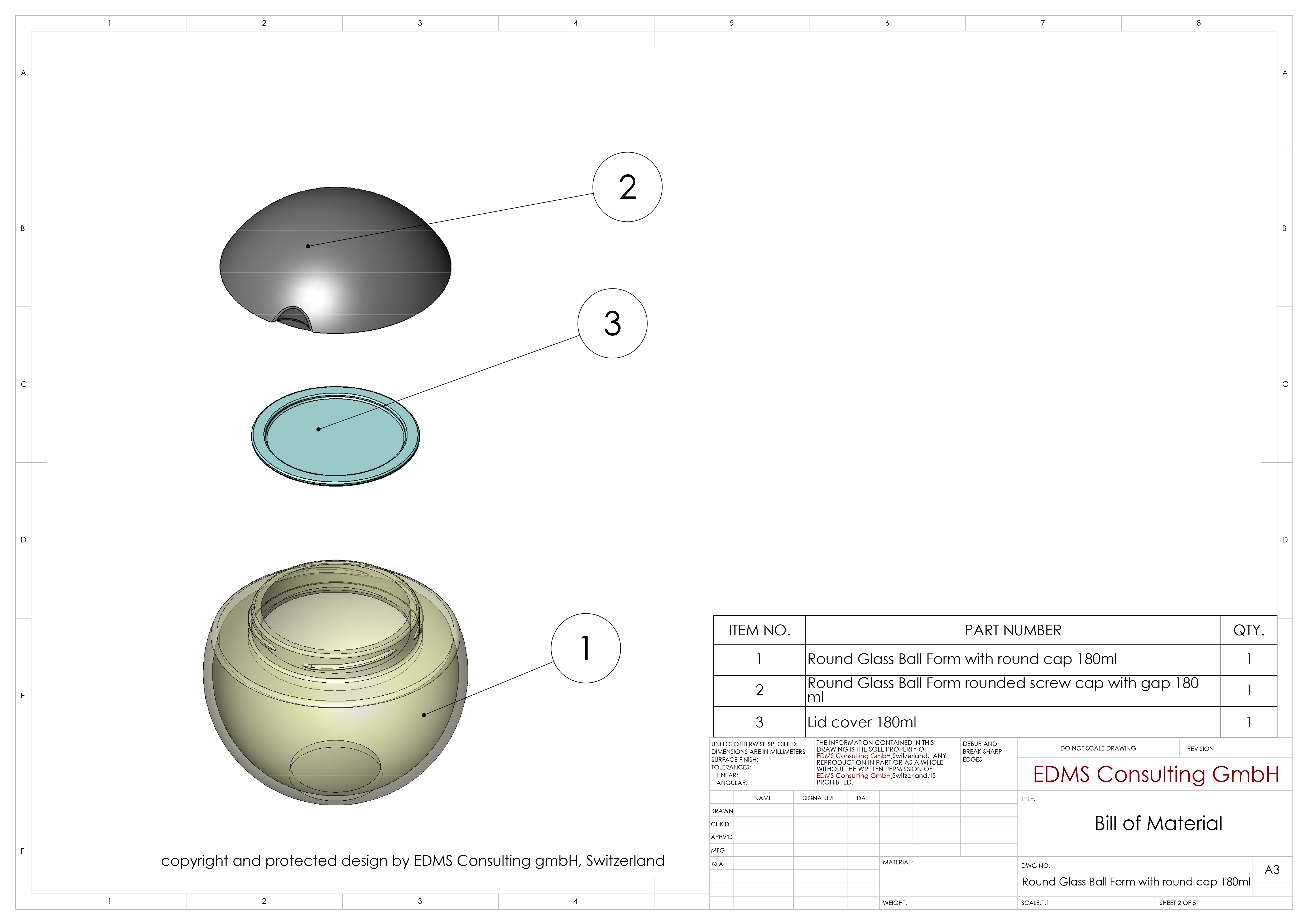 Round Glass Ball Form with round cap 180ml